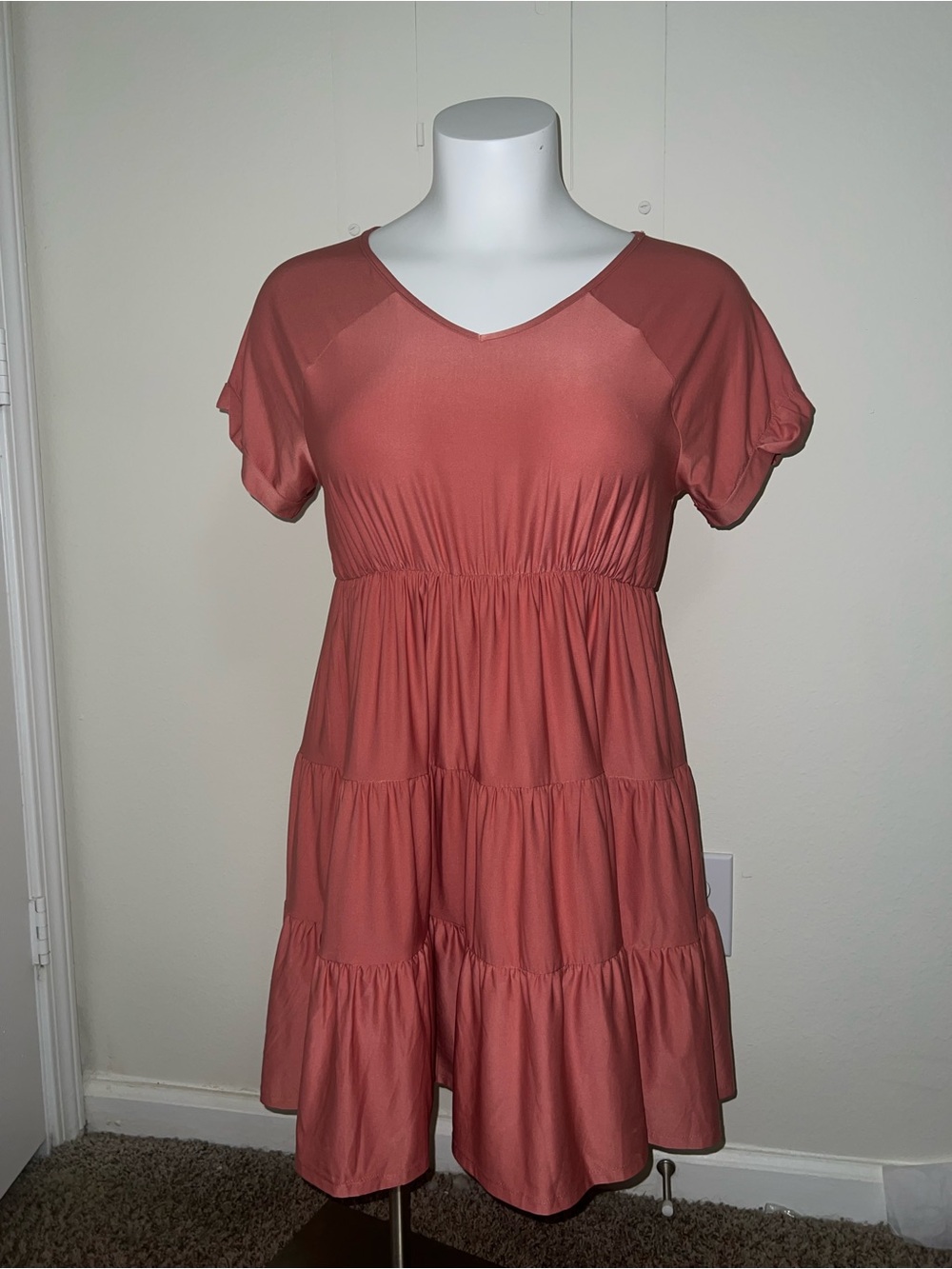 Umgee Plus Tiered V-Neck Mini Dress in Dusty Coral